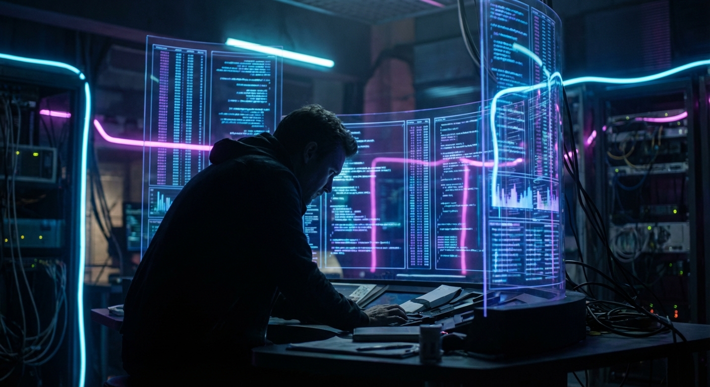 A developer looking at multiple computer screens with AI code pipelines, futuristic workspace, dark mode interface, cyberpunk style