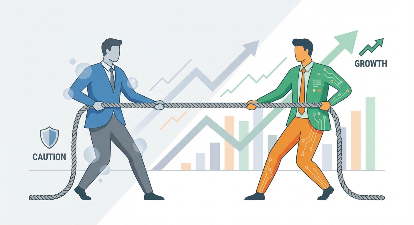 Conceptual illustration of a tug of war between skepticism and optimism about AI technology, with financial charts in the background, flat design style