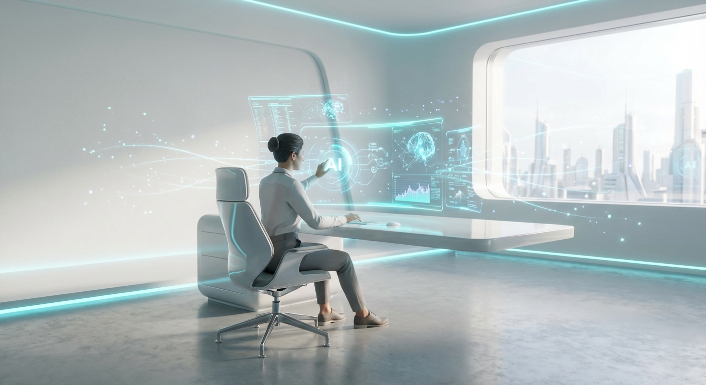 A minimalist futuristic office setting with a single person working efficiently with holographic AI screens, bright and airy atmosphere, high quality 3d render