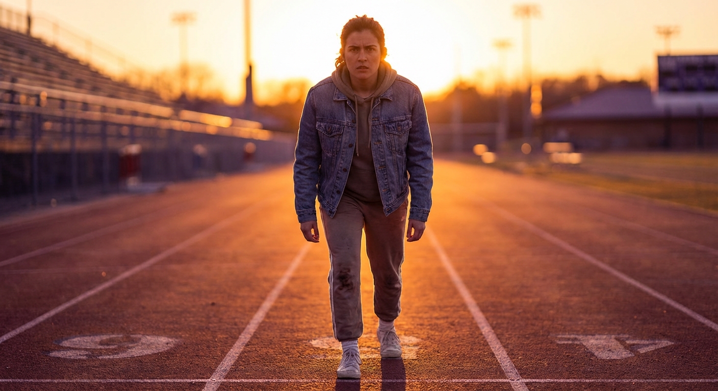 A person standing on a starting line of a track, looking confident, wearing casual clothes instead of a business suit, symbolizing personal branding over corporate identity, warm sunset lighting