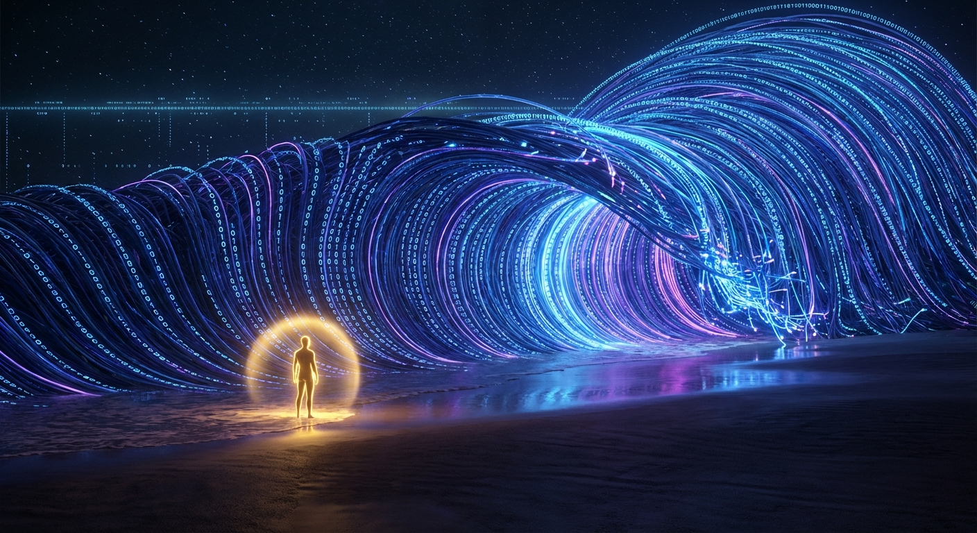 A conceptual image showing a person standing confidently in front of a giant digital wave representing AI technology, warm lighting, cinematic style
