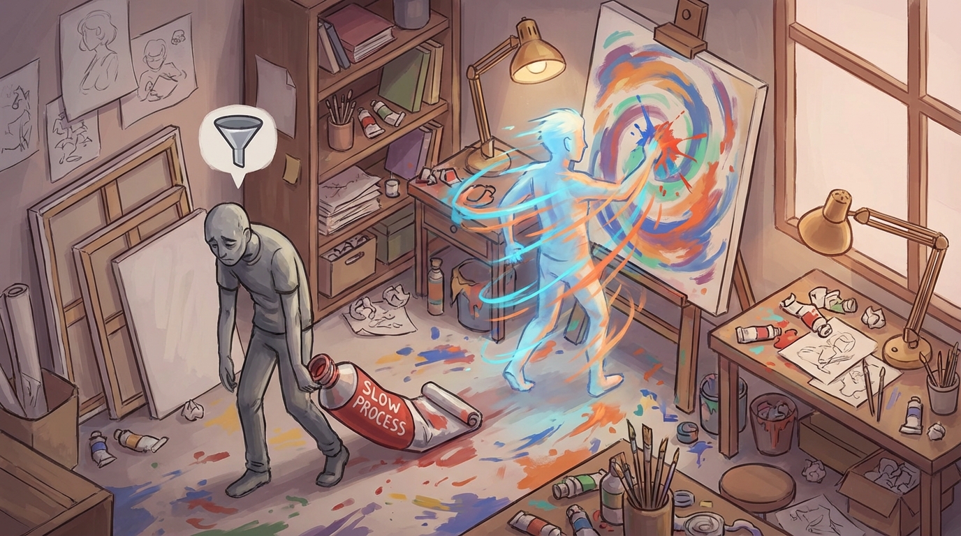 Conceptual illustration comparing a high-speed painter representing GPU waiting for a slow assistant representing memory, symbolizing the von Neumann bottleneck
