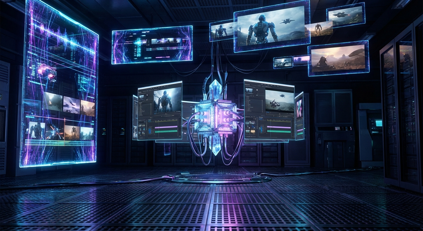 Futuristic AI interface creating a movie on a screen, glowing hologram effects, cyber punk style, high detail