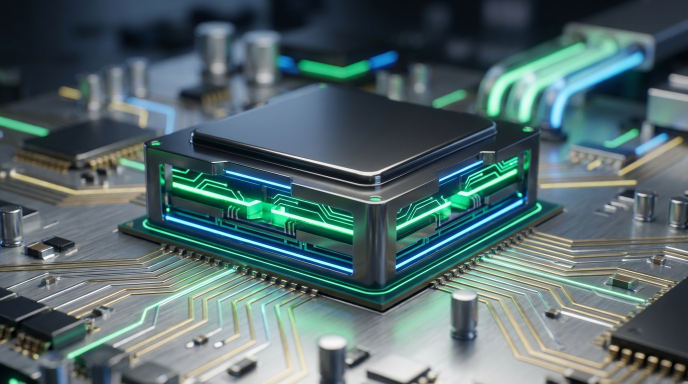 Futuristic Nvidia logo merging with computer chips and circuit boards, glowing green and blue lights, cinematic style
