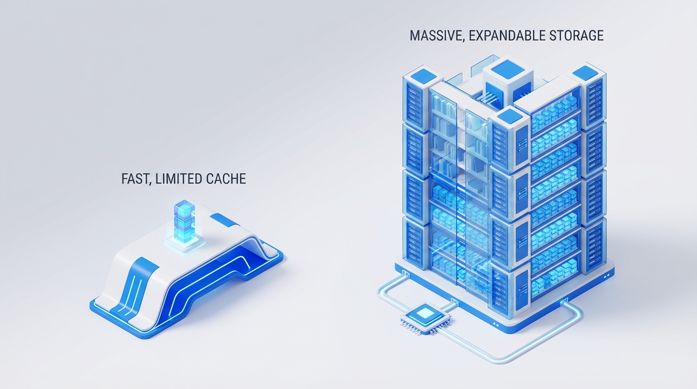 Comparison illustration between a small fast desk representing HBM and a huge library building representing HBF, isometric 3d style, clean background