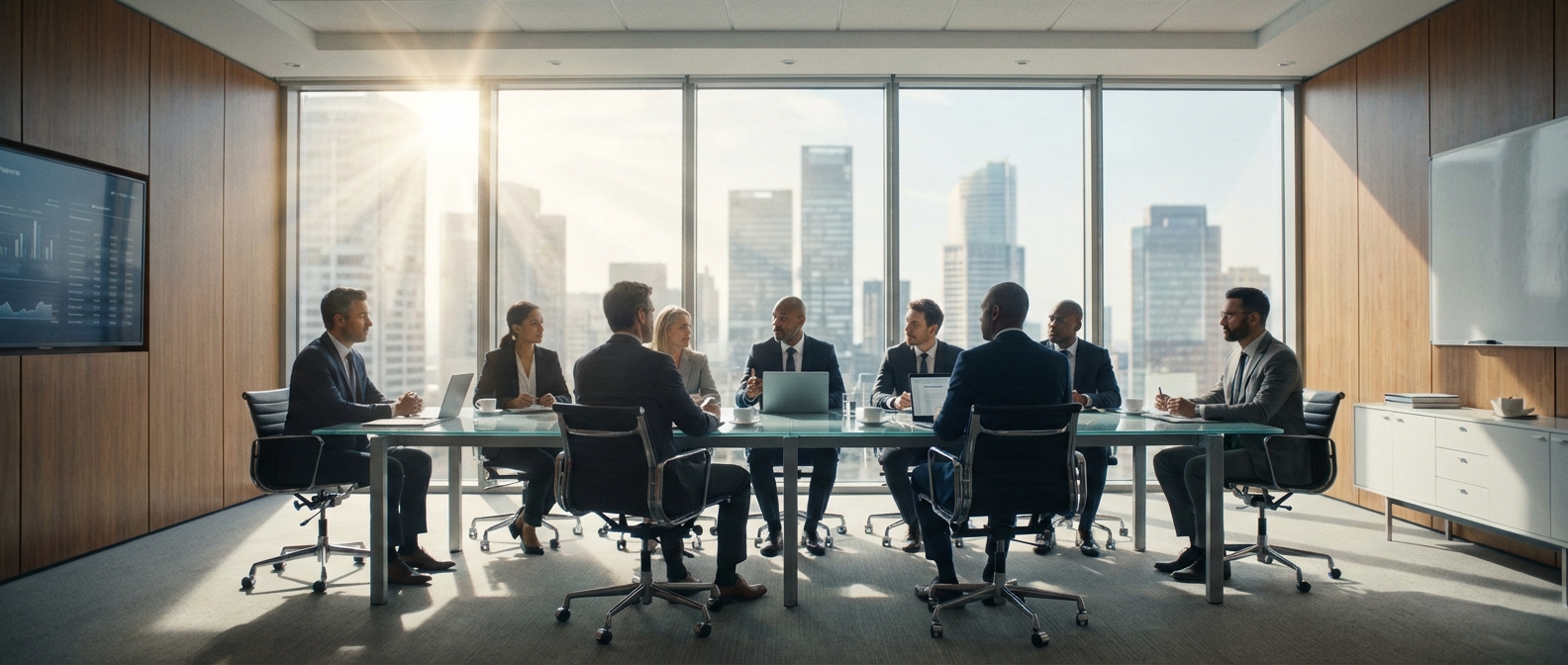 A modern corporate office meeting room with executives discussing strategy, bright and professional atmosphere, wide angle
