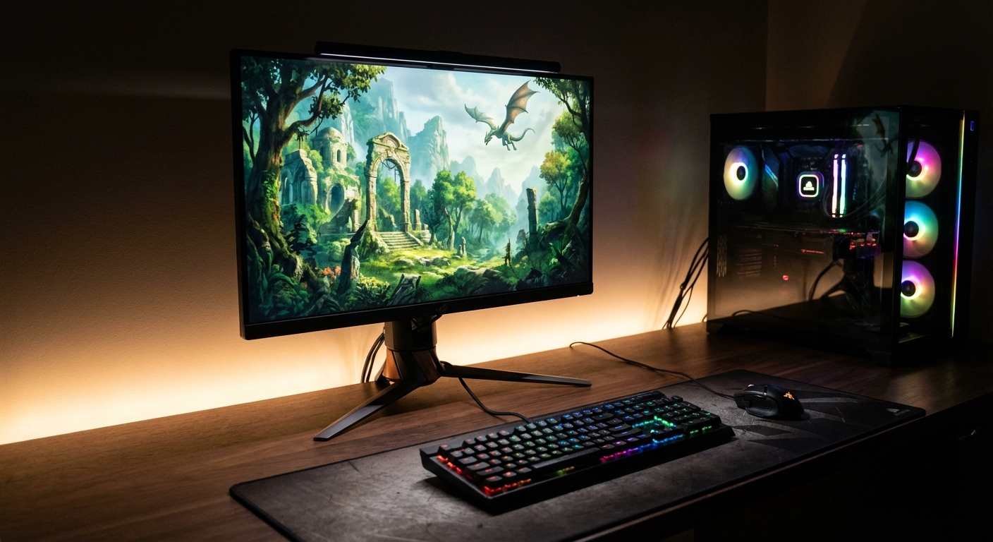 A modern gaming desk setup featuring the MSI MAG 272URDF700 monitor displaying a vibrant 4K game scene, warm ambient lighting, close-up shot