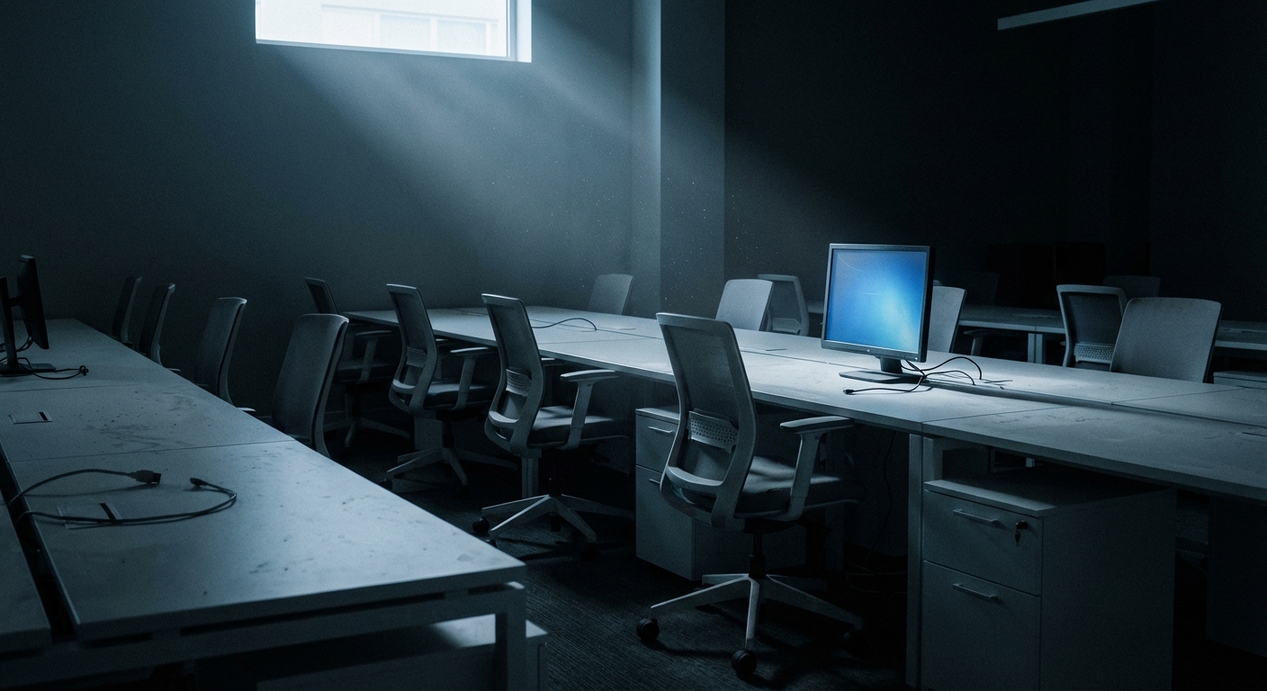 A lonely empty office desk with a computer screen glowing in a dim room, symbolizing the disappearance of junior jobs, cinematic lighting