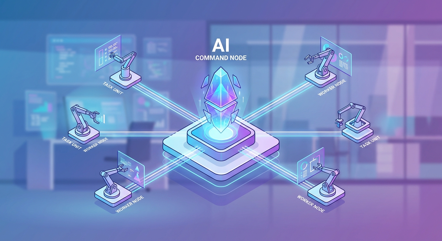 Conceptual illustration of a main AI agent delegating tasks to multiple sub-agents in a futuristic office environment, digital art style