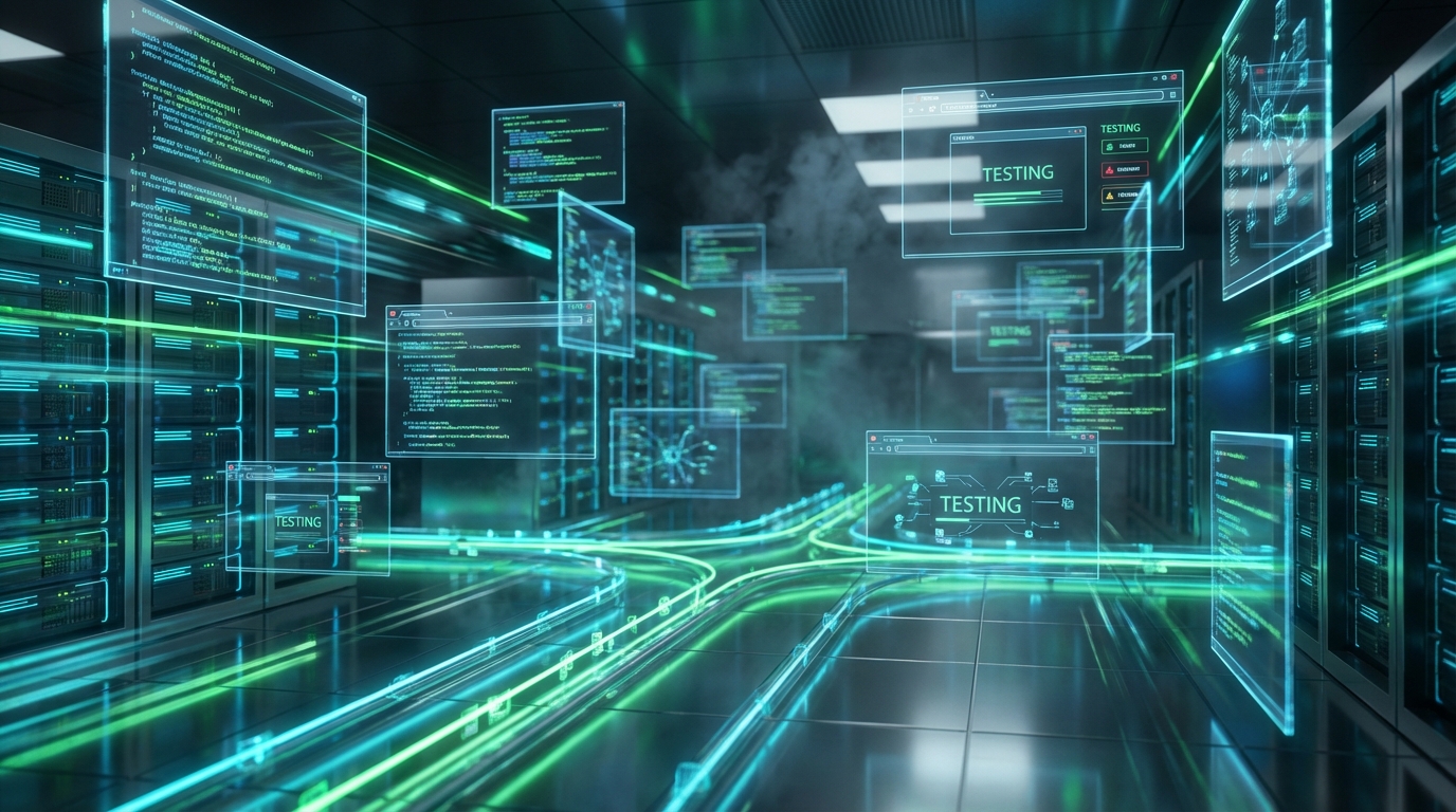 Multiple computer screens showing parallel coding execution, glowing matrix style code streams, high tech atmosphere