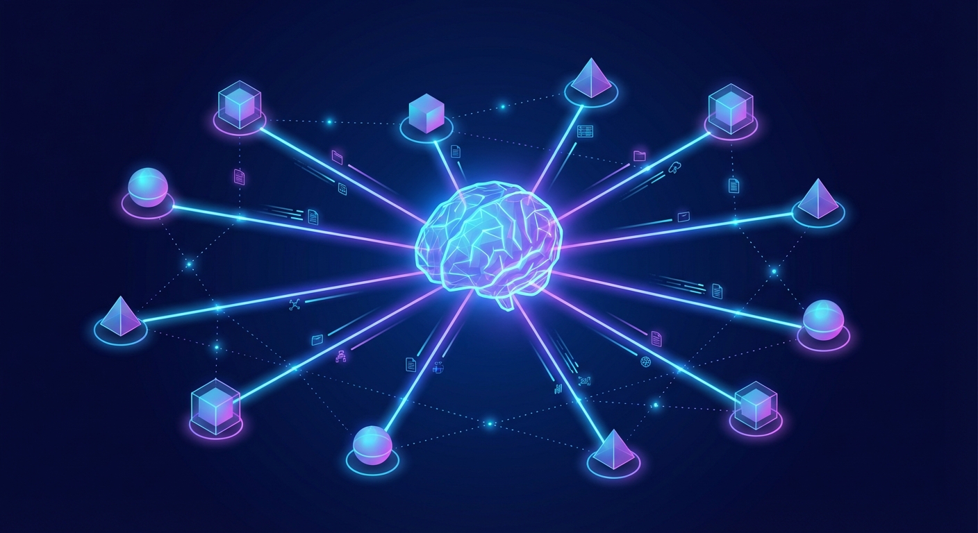 Conceptual illustration of a main AI agent branching out into multiple smaller sub-agents, managing separate tasks efficiently.