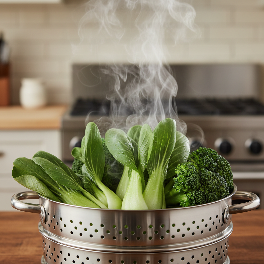 A cinematic high-quality photo of fresh green vegetables like bok choy and broccoli being lightly steamed in a stainless steel steamer with soft steam rising, vibrant green colors, professional food photography