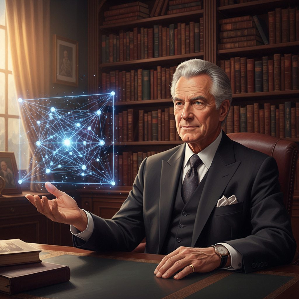 A sophisticated elder professional working with a futuristic AI holographic interface in a cozy study, high quality digital art style