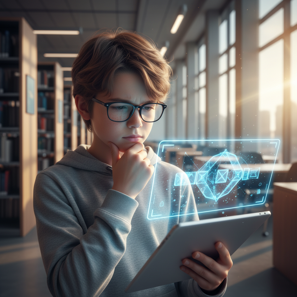 A child looking at a glowing holographic AI interface with a skeptical expression, library background, cinematic lighting, 8k