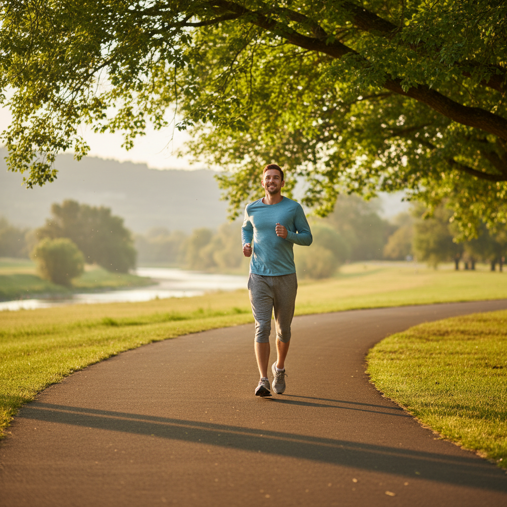 A peaceful scene of a person jogging slowly on a park path during a soft golden sunset, feeling relaxed and happy