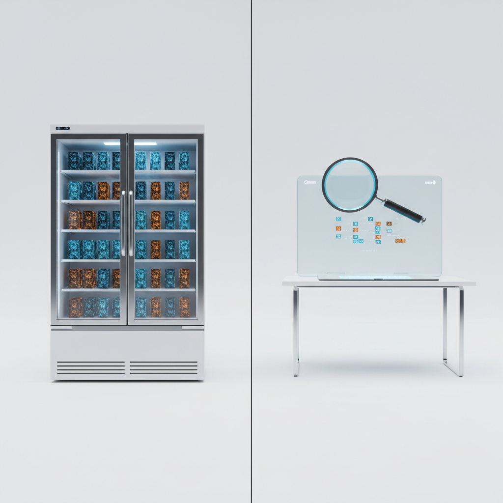 Comparison illustration between a refrigerator (Nvidia KVTC) and a micro-writing notebook (Google TurboQuant) in a clean laboratory setting, infographic style