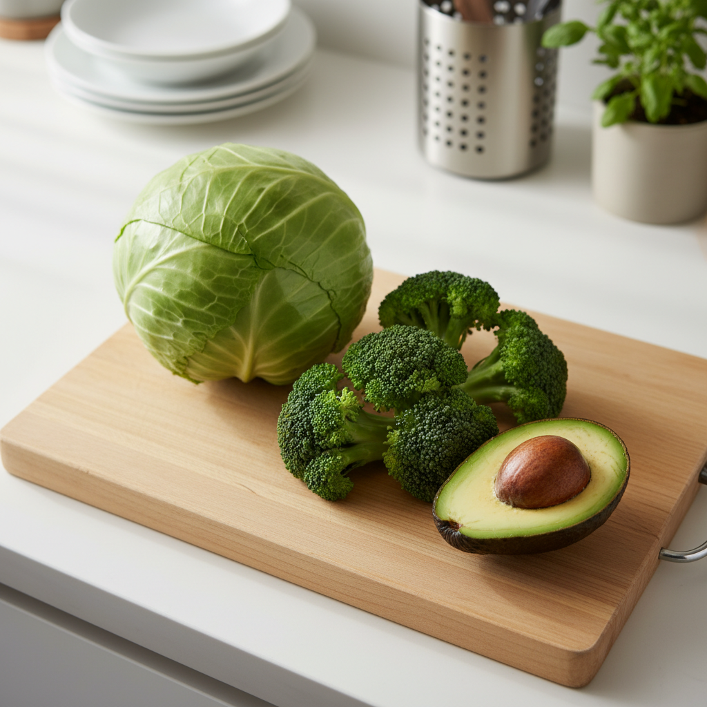 Top view of fresh green cabbage, broccoli, and sliced avocado on a clean wooden board, bright natural morning light