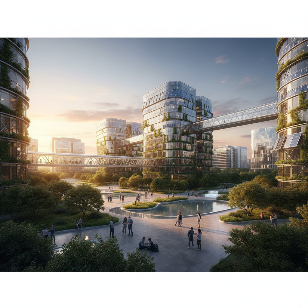 A futuristic university campus integrated with high-tech corporate laboratories, glass buildings, lush greenery, and collaborative open spaces, 8k resolution, cinematic lighting