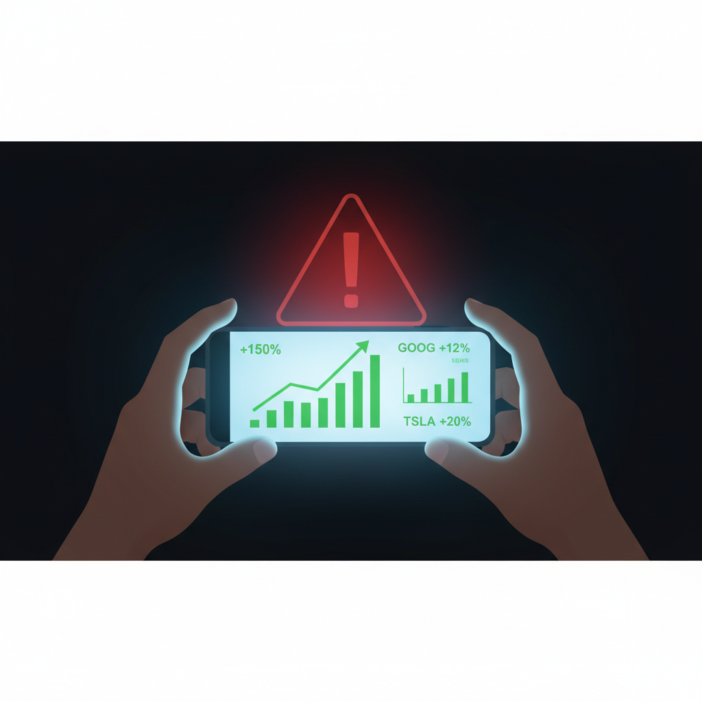 A conceptual illustration of human hands reaching out to a digital interface showing fake stock market charts with a red warning sign hidden behind