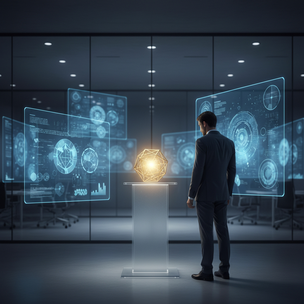 A futuristic office where AI agents are processing massive data streams while a human professional focuses on a single glowing decision point, cinematic lighting, 8k
